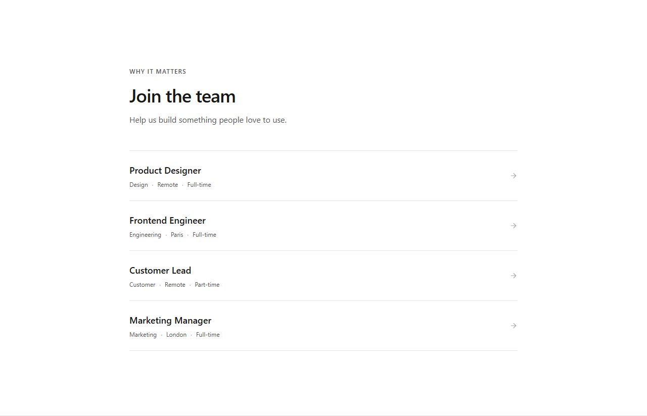 Open roles list, careers section template