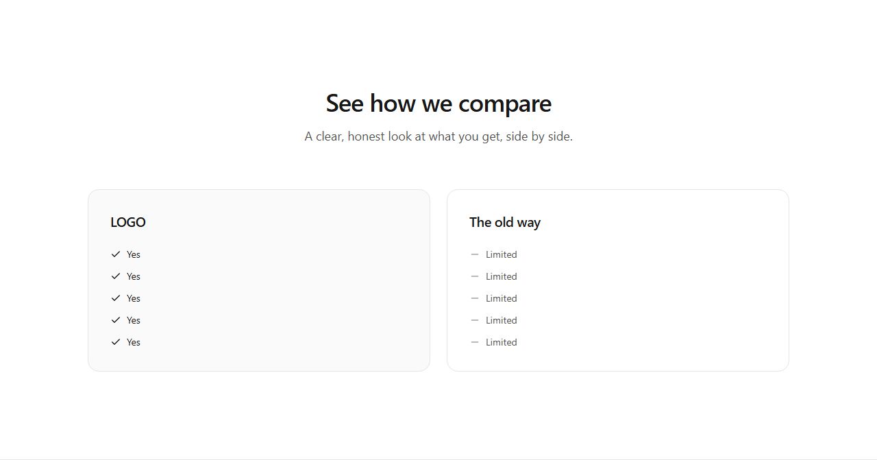 Comparison cards, comparison section template