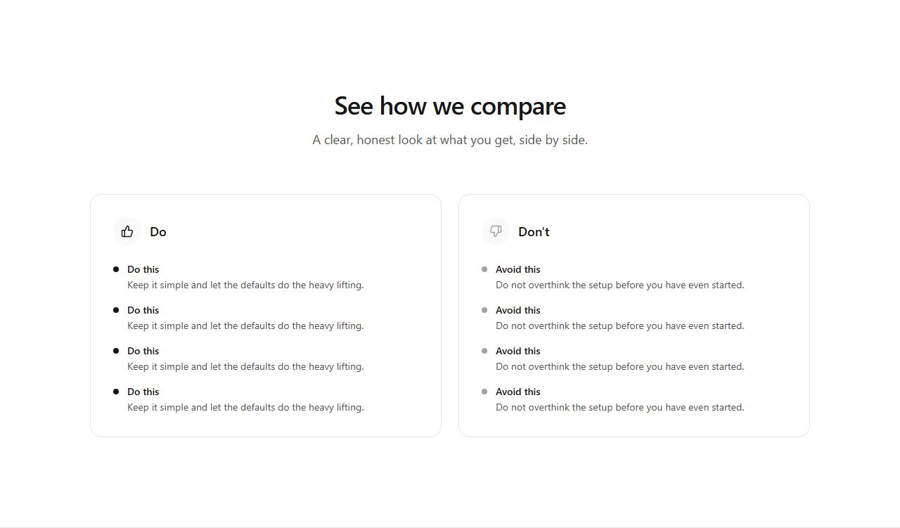 Do's and don'ts, comparison section template