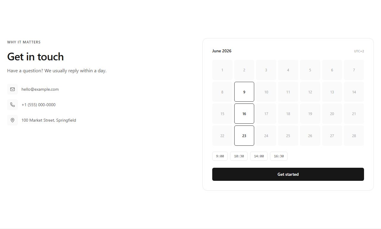 Book a call split, contact section template