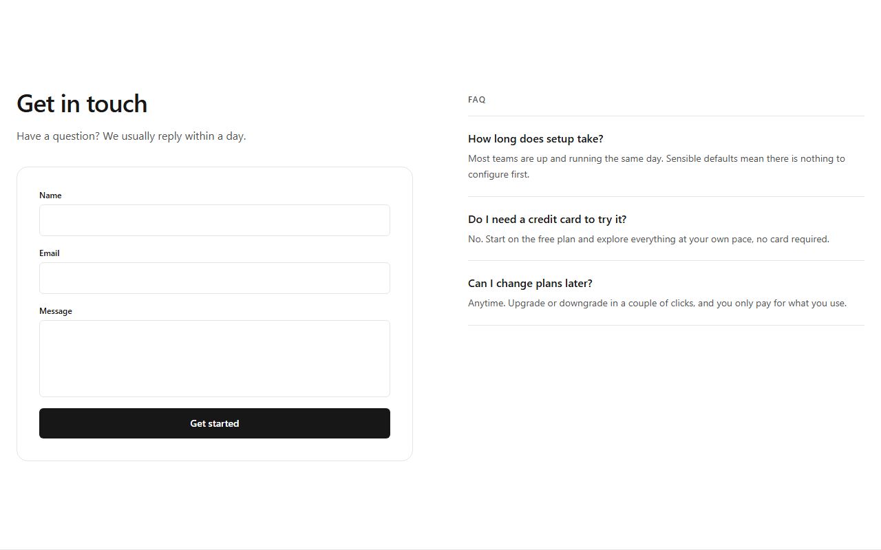 Contact form with FAQ, contact section template