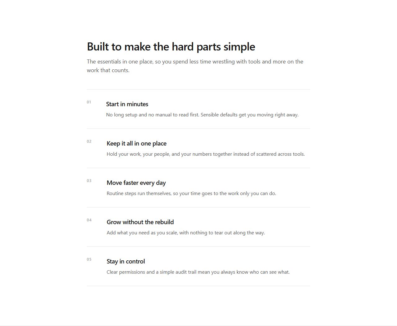 Vertical feature list (text only), features section template