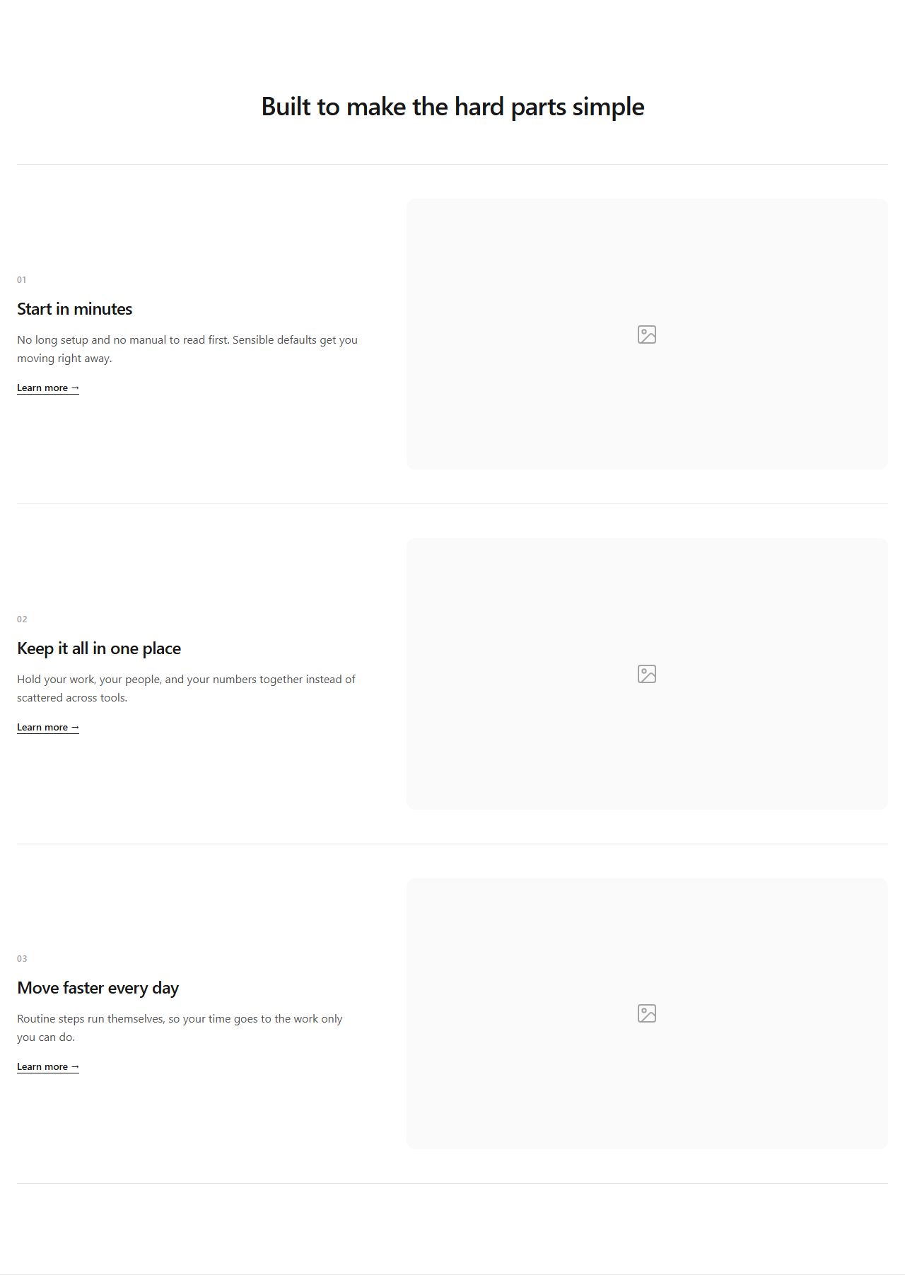 Vertical list with CTA links, features section template
