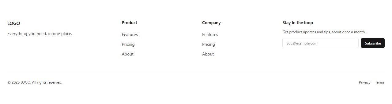 Minimal footer with newsletter, footer section template