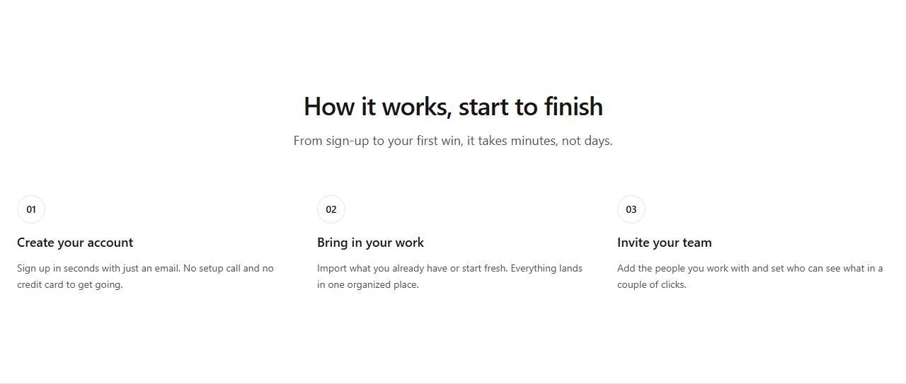 Three horizontal steps, how it works section template