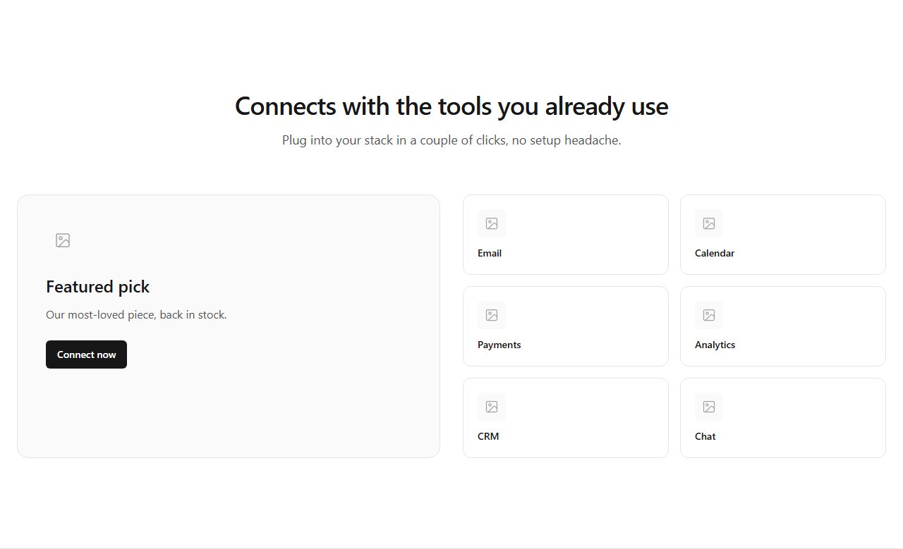 Featured integration plus grid, integrations section template