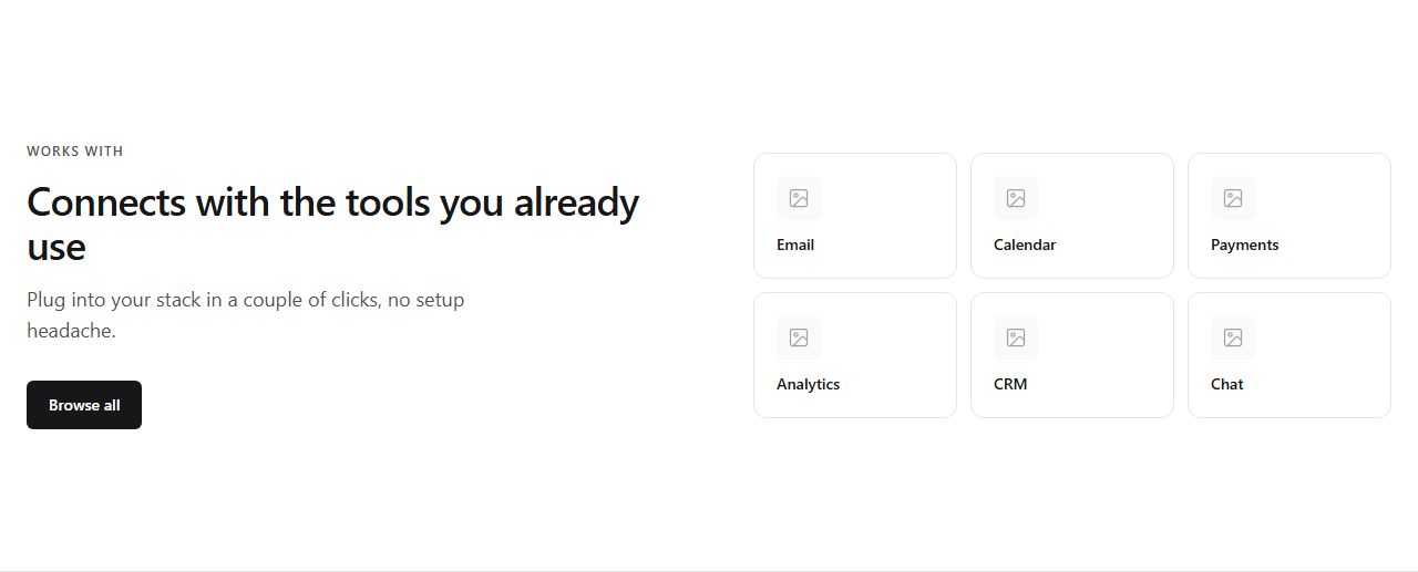 Split text and integration cards, integrations section template