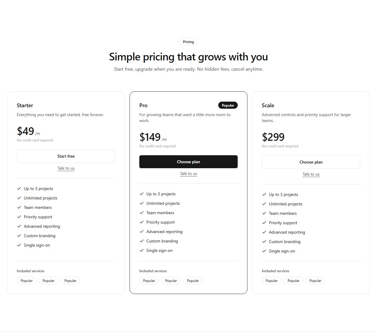 Detailed pricing cards, pricing section template