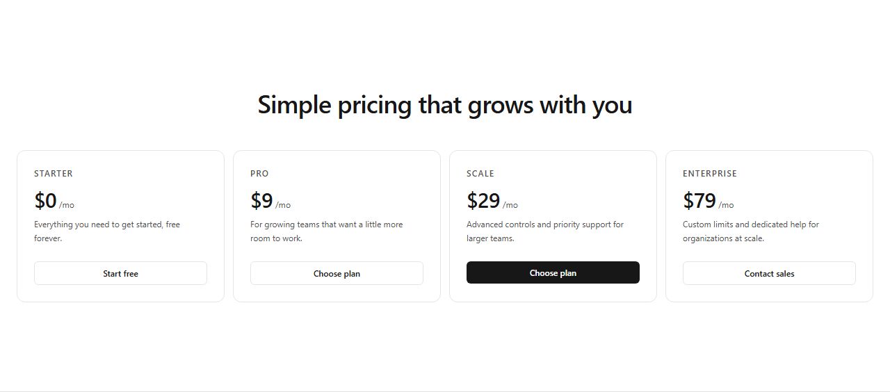 Four-plan pricing, pricing section template