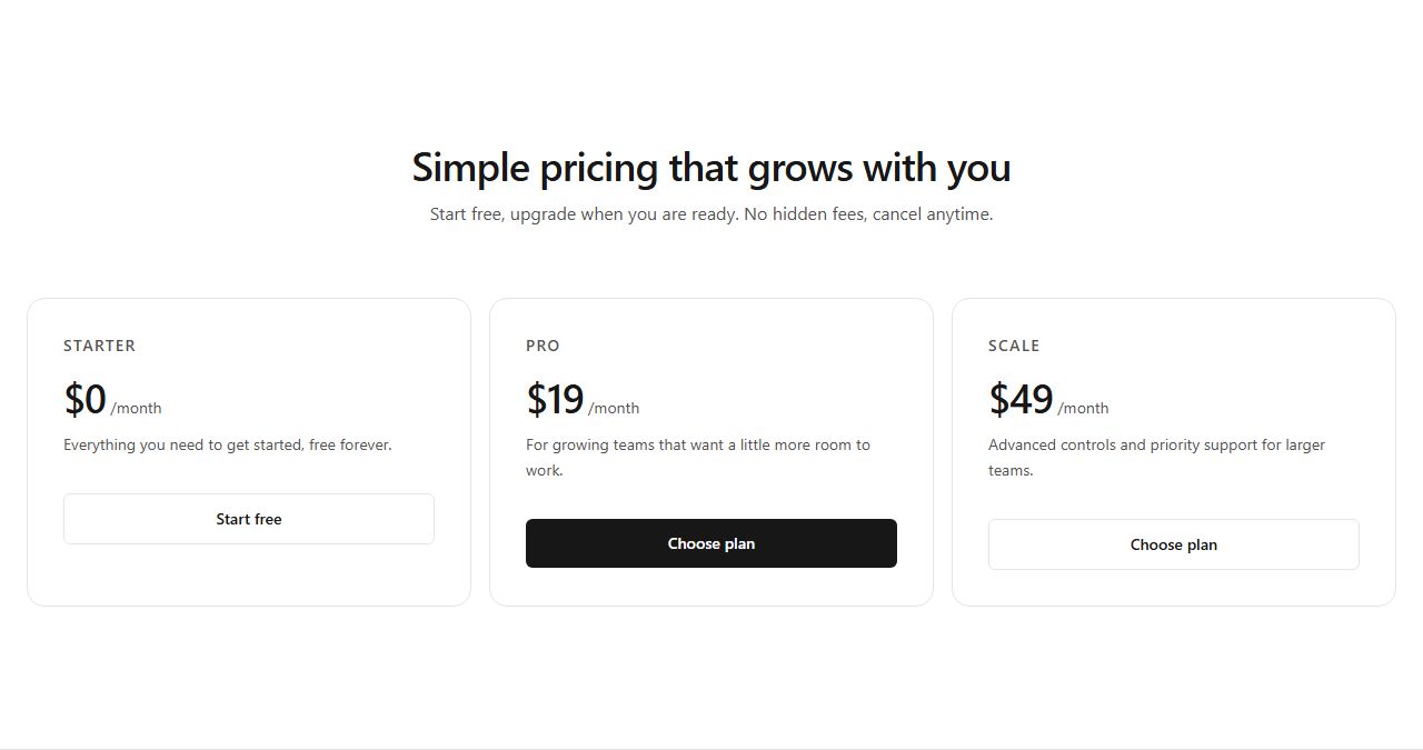 Three-plan pricing, pricing section template