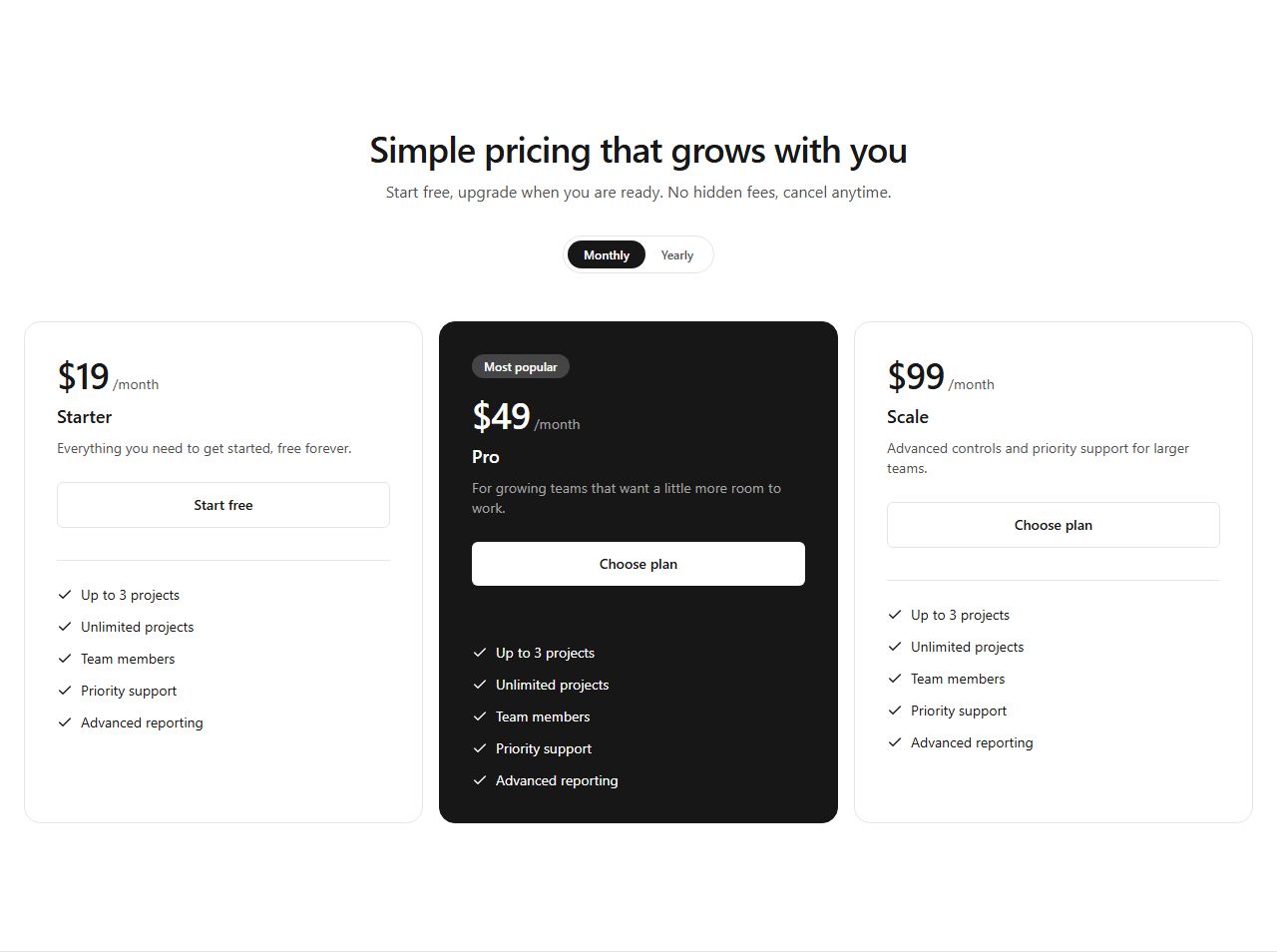Pricing with billing toggle, pricing section template