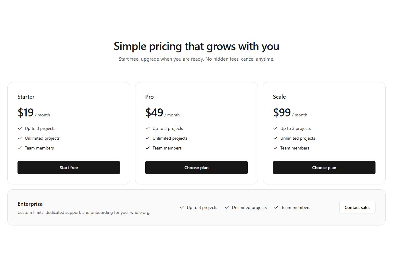 Pricing with enterprise band, pricing section template