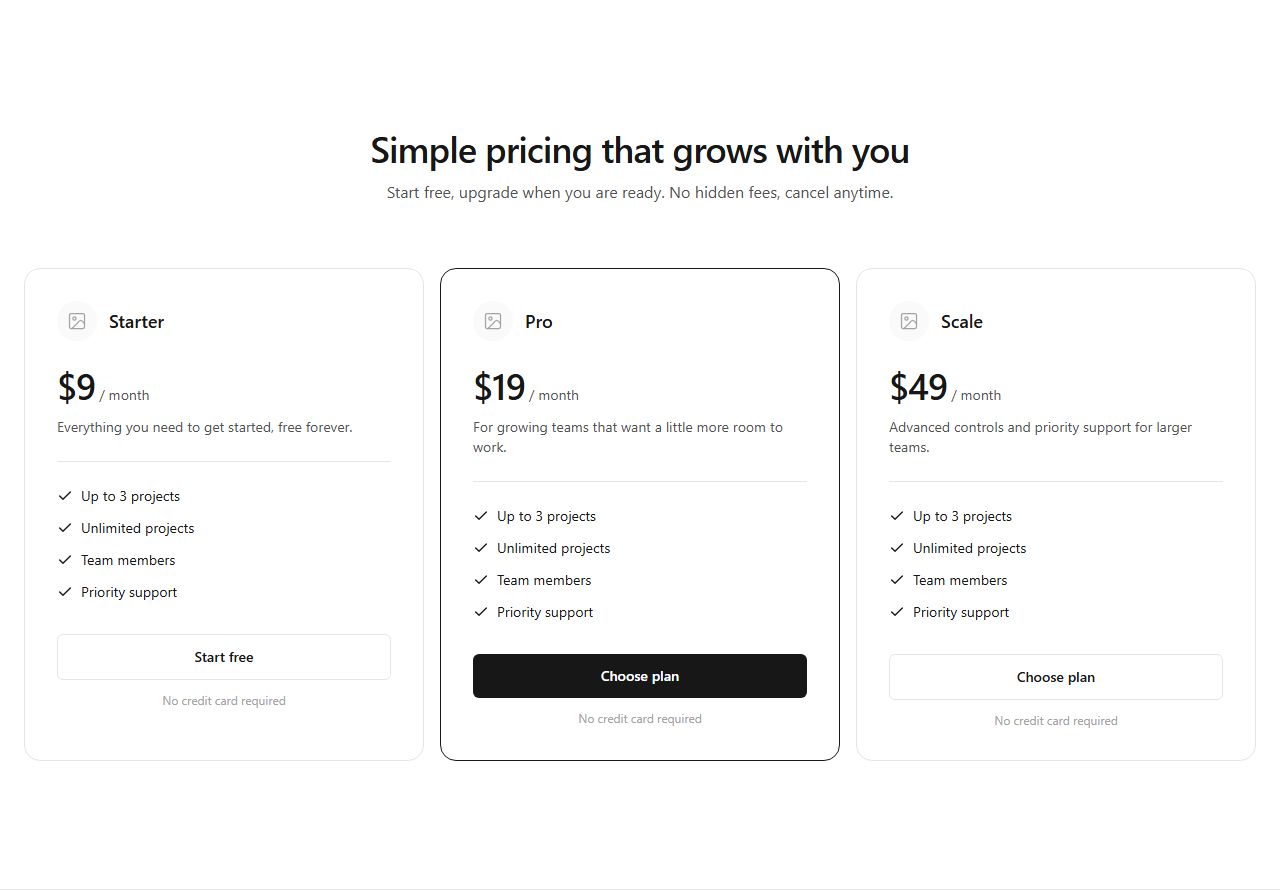 Pricing cards with icons, pricing section template