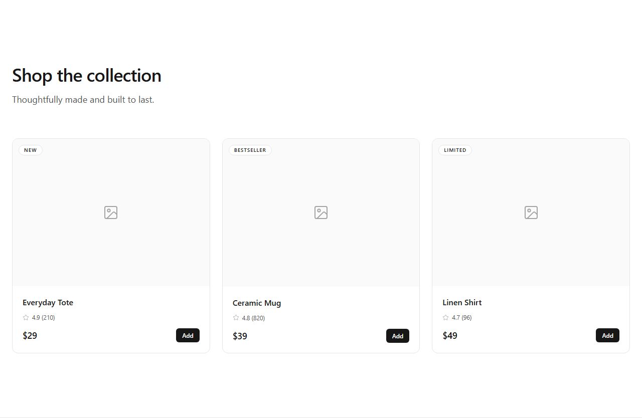 Product cards with badges, product grid section template