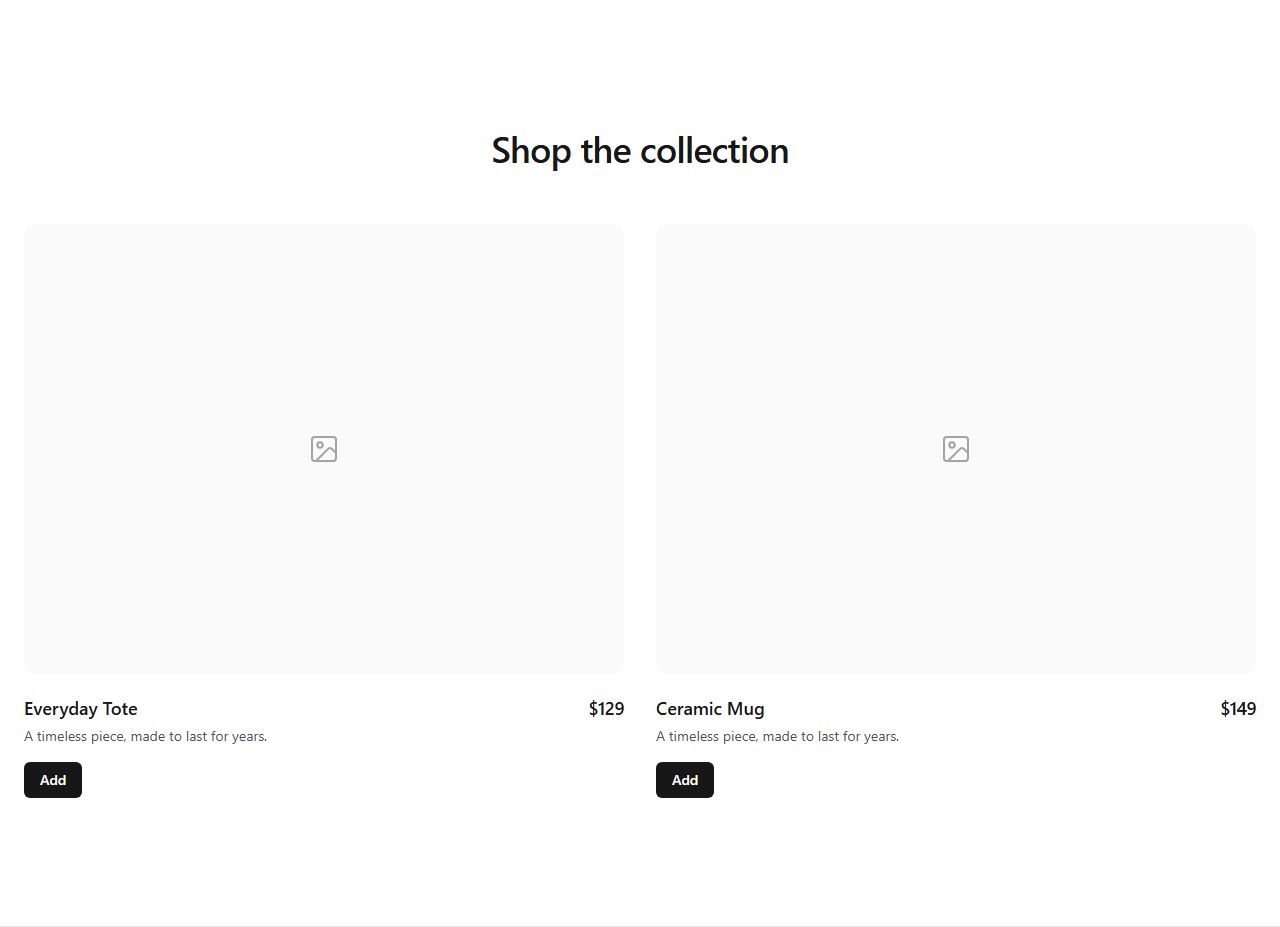 Two featured products, product grid section template