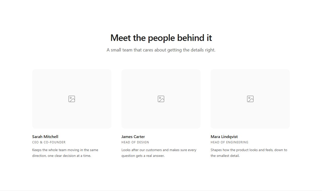 Team grid with bios, team section template