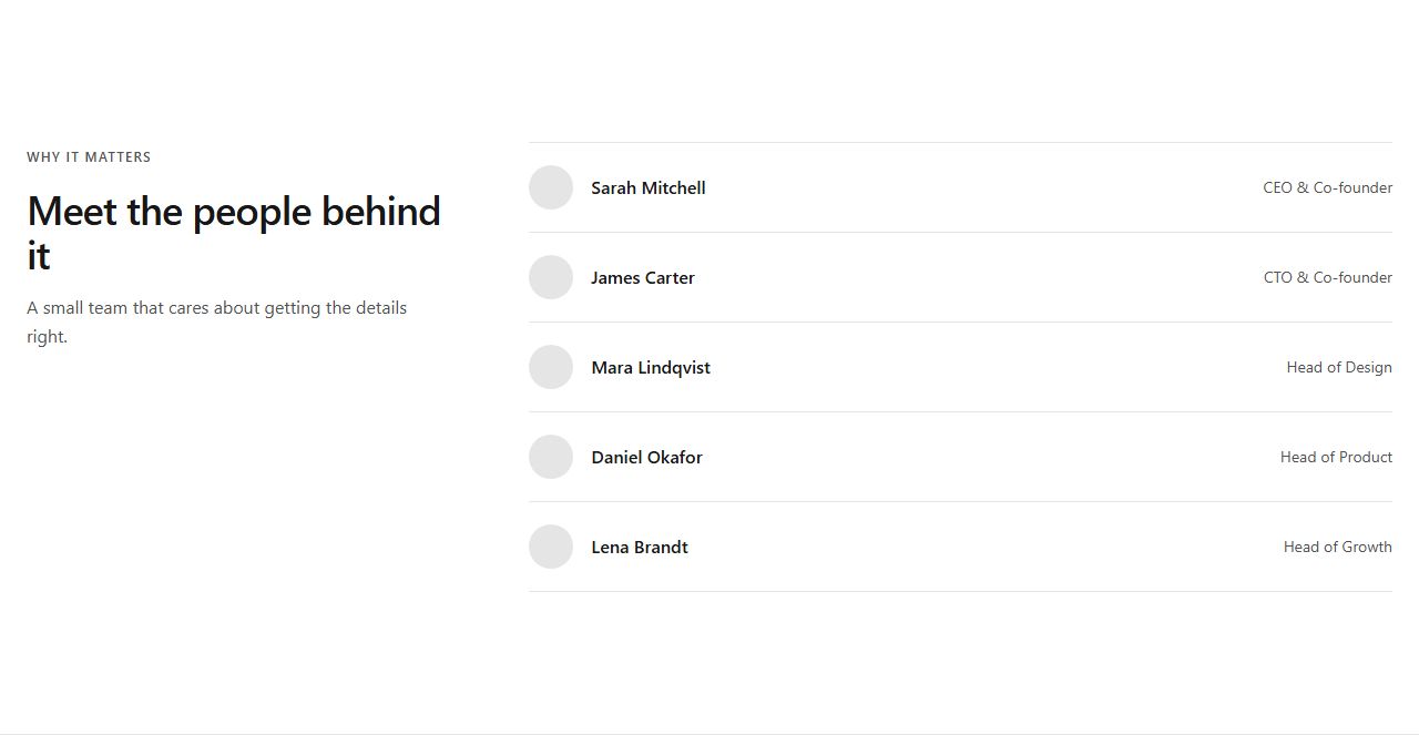 Editorial team list, team section template