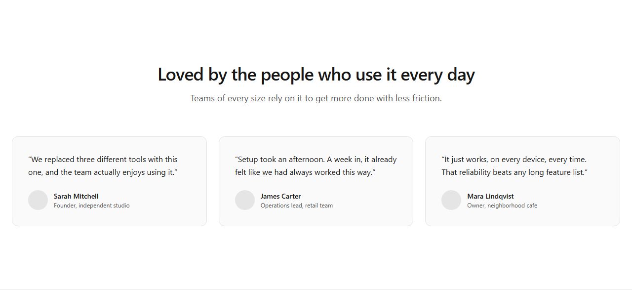 Three testimonial cards, testimonials section template