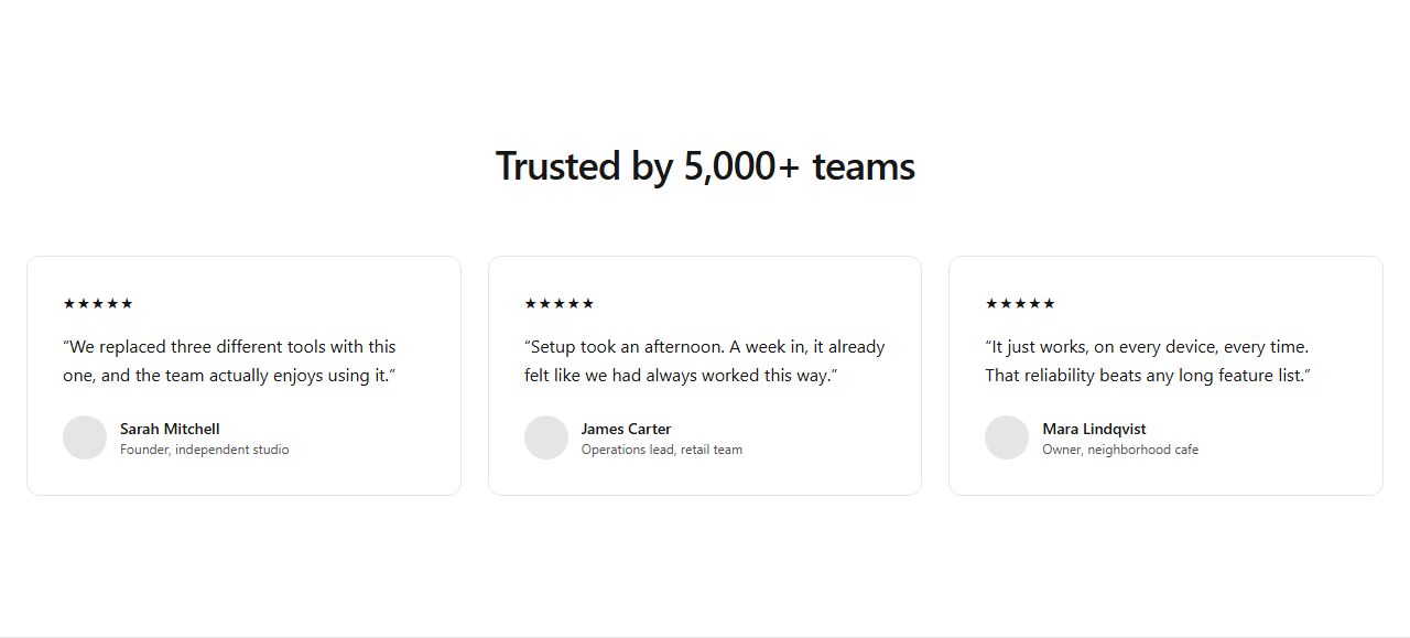 Star-rated testimonial cards, testimonials section template