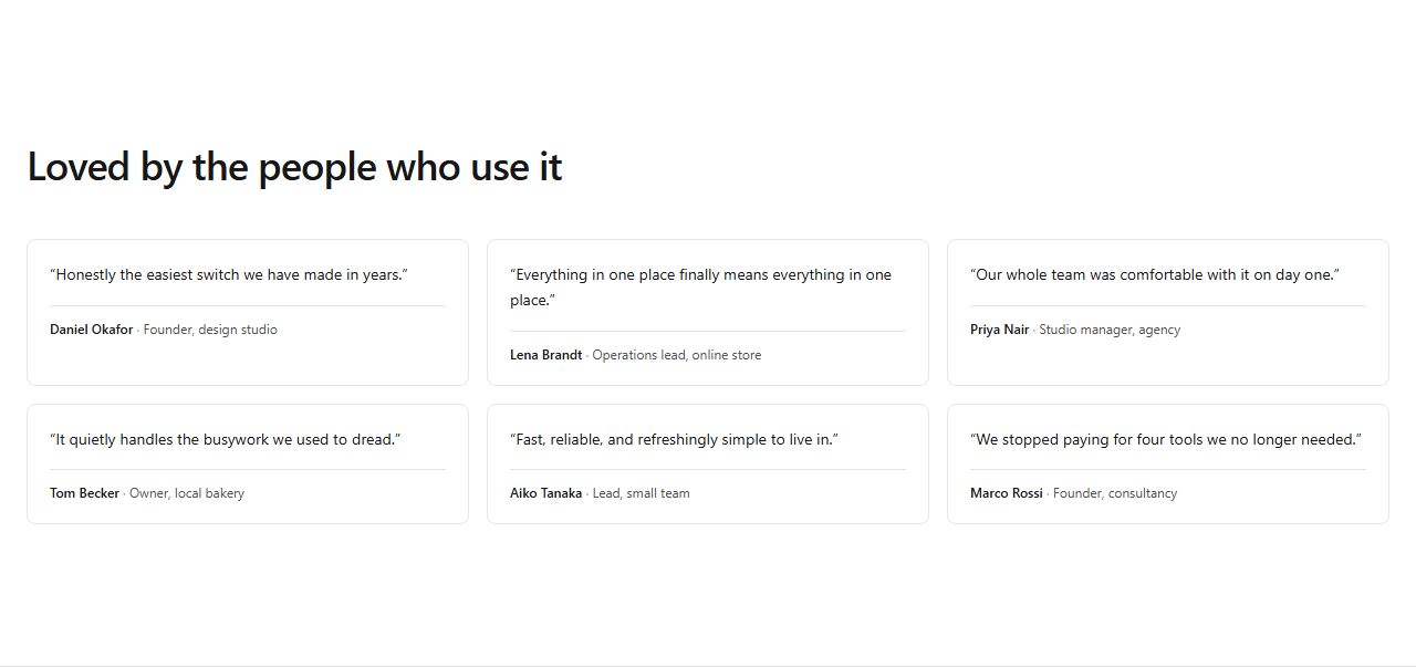 Quote grid (three columns), testimonials section template